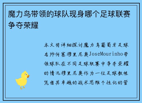魔力鸟带领的球队现身哪个足球联赛争夺荣耀