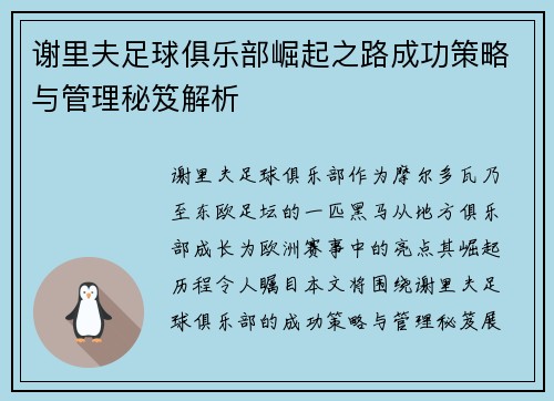 谢里夫足球俱乐部崛起之路成功策略与管理秘笈解析