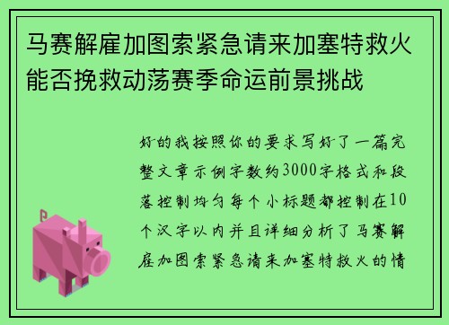 马赛解雇加图索紧急请来加塞特救火能否挽救动荡赛季命运前景挑战 马赛解雇加图索紧急请来加塞特救火能否挽救动荡赛季命运前景挑战